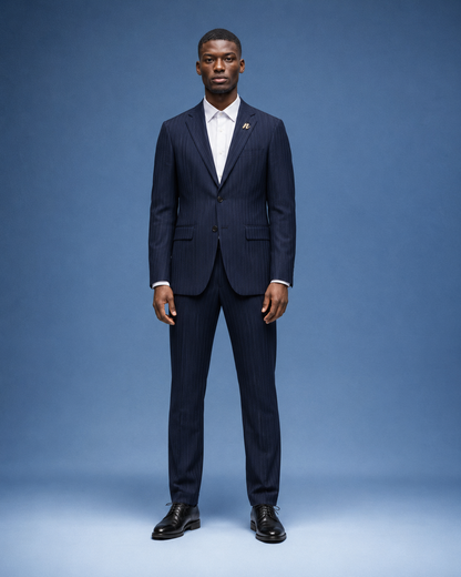 A man wearing a navy blue pinstripe suit with a white dress shirt and black dress shoes, standing against a solid blue studio background.
