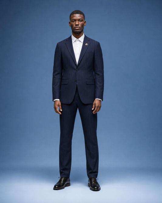 A man wearing a navy blue pinstripe suit with a white dress shirt and black dress shoes, standing against a solid blue studio background.